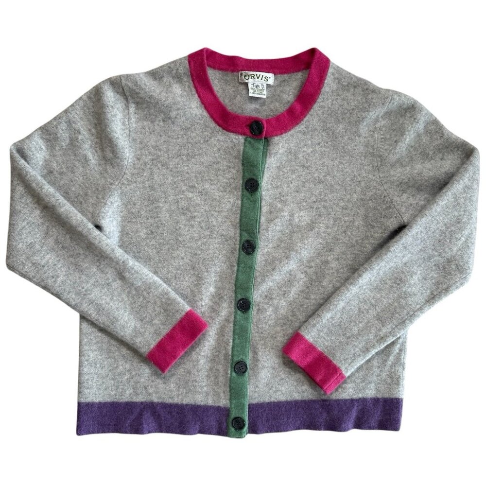 Orvis Cashmere Color block Cardigan Sweater Size Medium Gray Pink Purple
